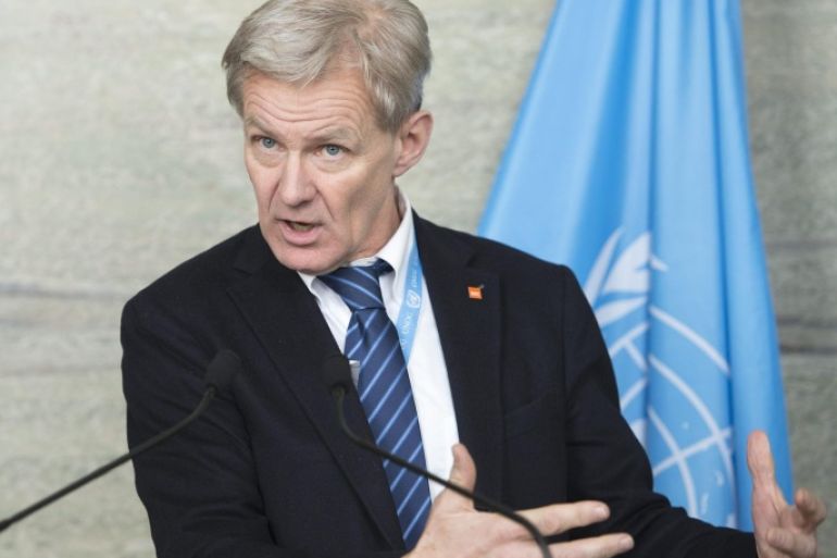 Jan Egeland, Senior Advisor to the United Nations Special Envoy for Syria, speaks after the second meeting of the Task Force on Humanitarian Access in Syria, at the European headquarters of the United Nations, in Geneva, Switzerland, 18 February 2016. Dozens of trucks laden with humanitarian aid entered five besieged areas near the capital Damascus and north-western Syria, UN sources and state media reported.