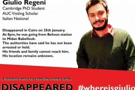 This image posted online after the Jan. 25, 2016 disappearance of Italian graduate student Giulio Regeni in Cairo, Egypt shows Reggeni in a graphic used in an online campaign, #whereisgiulio seeking information on his whereabouts. The body of the missing Italian student was found with signs of torture, including multiple stab wounds and cigarette burns, by the side of a highway on the outskirts of the Egyptian capital, an investigating prosecutor told The Associated Press on Thursday, Feb. 4, 2015. (#wheresgiulio via AP)