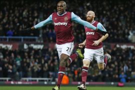 Football Soccer- West Ham United v Liverpool - FA Cup Fourth Round Replay - Upton Park - 9/2/16 Angelo Ogbonna celebrates scoring the second goal for West Ham Reuters / Eddie Keogh Livepic EDITORIAL USE ONLY. No use with unauthorized audio, video, data, fixture lists, club/league logos or "live" services. Online in-match use limited to 45 images, no video emulation. No use in betting, games or single club/league/player publications. Please contact your account representative for further details.