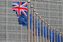 A Union Jack flag flutters next to European Union flags ahead a visits of the British Prime Minister David Cameron at the European Commission in Brussels, Belgium, 29 January 2016. Cameron arived in Brussels for unscheduled talks on a Brexit referendum.