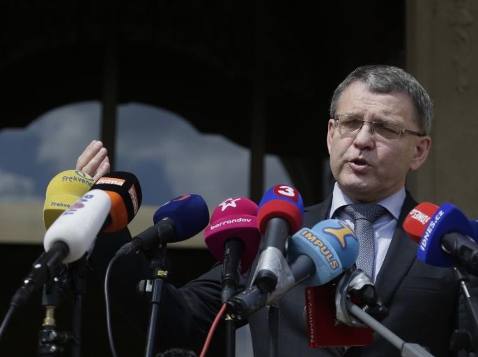 Czech Republic's Foreign Minister Lubomir Zaoralek answers questions to media during a news conference on the fate of five Czechs who went missing in eastern Lebanon over the weekend in Prague, Czech Republic, Tuesday, July 21, 2015. Zaoralek said he has no information about their whereabouts and nobody has contacted his government but kidnapping remains an option. (AP Photo/Petr David Josek)
