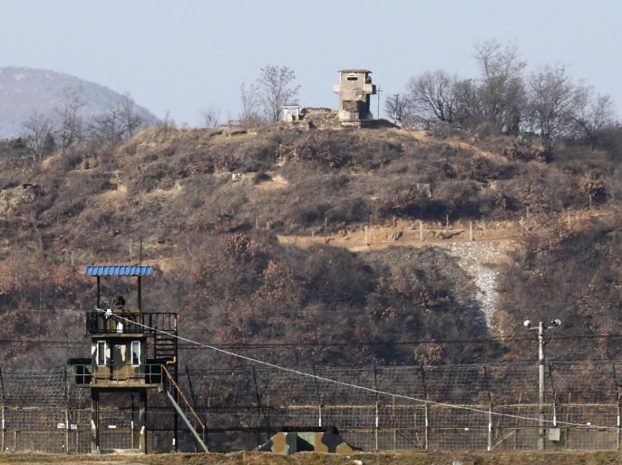 A South Korean sentry post (front) and North Koren sentry post (above) look at each other running across the inter-Korean border in the border city of Paju, in Gyeonggi-do, South Korea, 08 January 2016. Highly sensitive propaganda broadcasts on the inter-Korean border resumed 08 January, a news report said, as world powers pushed for sanctions against North Korea for its nuclear test earlier this week. The broadcasts were stopped in August 2015 as part of a agreement to defuse tensions between the rival Korean neighbours, who are still technically at war after the Korean War ended in 1953 with a ceasefire rather than a peace agreement. Artillery and short-range missiles have been deployed near the speakers, a Defence Ministry official said.