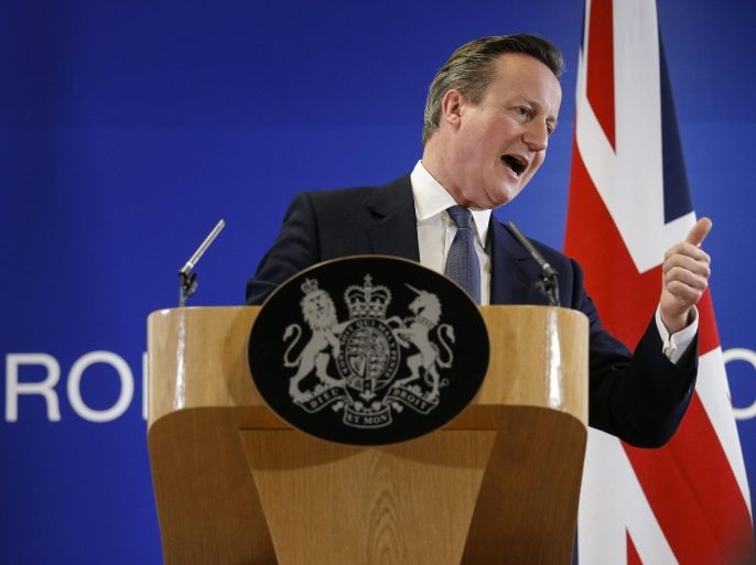British Prime Minister David Cameron holds a news conference after the second day of an extraordinary two-day EU summit at EU the headquarters in Brussels, Belgium, 19 February 2016. Negotiations over a reform deal that is meant to keep Britain in the European Union were going into overtime, with EU leaders not expected to be presented with a new proposal until the 19 February afternoon.