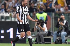 Juventus' Giorgio Chiellini celebrates after scoring the 1-1 goal during the Coppa Italia final soccer match between Juventus FC and SS Lazio at the Olimpico stadium in Rome, Italy, 20 May 2015.