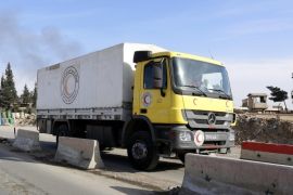 Trucks from the Syrian Arab Red Crescent (SARC) carrying medical aids head to Douma city in the countryside of Damascus, Syria, 13 February 2016. According to SARC Operations Director, Hazem Baqleh, the aid included 5400 infant formula milk cans, 2000 insulin boxes, supplies for 250 dialysis sessions and medicines for chronic diseases. The rebel-held city, 10 km northeast of the capital, has been under siege by government forces for almost three years.