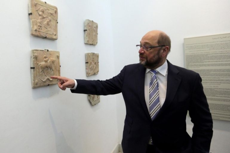 President of the European Parliament Martin Schulz visits the Bardo Museum in Tunis, Tunisia, 08 February 2016. Twenty-one tourists and one policeman were killed in a terrorist attack on the Bardo Museum in March 2015. Schulz is in Tunisia for an official three-day visit.