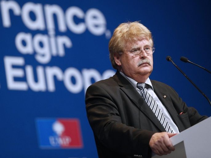 Chairman of the European Parliament Committee on Foreign Affairs Elmar Brok makes his speech during an election campaign meeting for the European Elections, in Paris, France, 21 May 2014. Elections for the European Parliament will be held on 22-25 May 2014.
