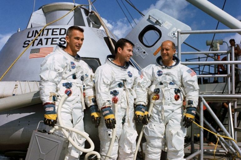 Left to right Eugene Cernan John Young and Thomas Stafford astronauts of the Apollo 10 spacecraft NASA pictures مصدر الصورة:وكالة ناسا