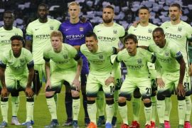 Players of Manchester City pose before their Champions league Group D soccer match against Borussia Moenchengladbach in Moenchengladbach, Germany, September 30, 2015. REUTERS/Wolfgang Rattay