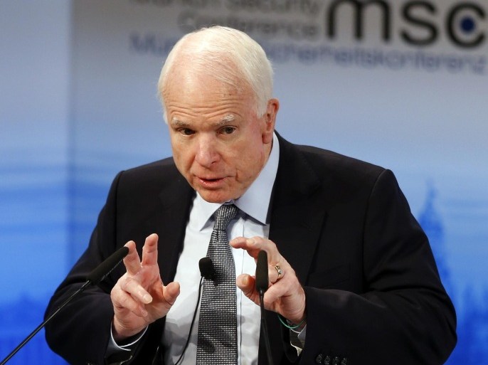 U.S. Sen. John McCain gestures during his speech at the Security Conference in Munich, Germany, Sunday, Feb. 14, 2016. (AP Photo/Matthias Schrader)