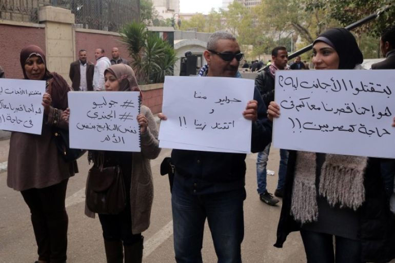 Activists hold placards that reads among others, 'Giulio, one of us and killed like us', during a memorial for 28-year-old graduate Giulio Regeni outside of the Italian embassy in Cairo, Egypt, 06 February 2016. Reports state that the body of Italian student Giulio Regeni, who had gone missing in Cairo last week, has signs of torture on it. Regeni was found on the highway in the Cairo suburbs of Giza almost naked with signs of beatings and bruises all over his body. Regeni, a student at Britain's Cambridge University, was reported missing by the Italian embassy in Cairo on 25 January after he had left the house of a friend in downtown Cairo.