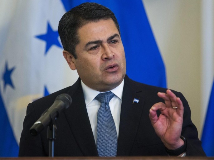 President of Honduras Juan Orlando Hernandez speaks during a ceremony establishing the Mission to Support the Fight against Corruption and Impunity in Honduras (MACCIH) at the Organization of American States (OAS) in Washington, DC, USA, 19 January 2016. According to the OAS, 'the MACCIH will be made up of prosecutors, judges and experts of recognized integrity in the international arena and will provide active cooperation, support, technical advice, and supervision in order to improve Honduras justice institutions.'