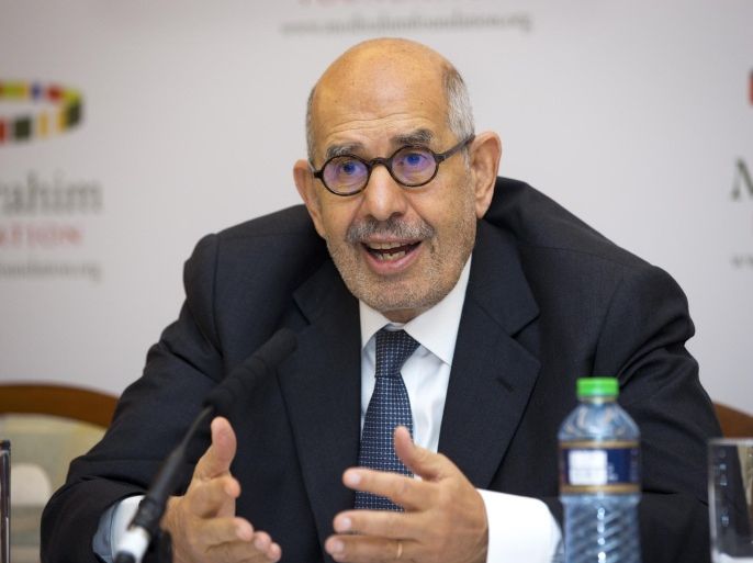 Member of the Prize Committee Mohamed ElBaradei, former Director General of the International Atomic Energy Agency and Nobel Laureate, speaks at a press conference where the winner of the 2014 Ibrahim Prize for Achievement in African Leadership was announced, in Nairobi, Kenya Monday, March 2, 2015. Namibian President Hifikepunye Pohamba has won the 2014 Ibrahim Prize for African leadership, the first African leader deemed worthy of the honor since 2011. (AP Photo/Ben Curtis)