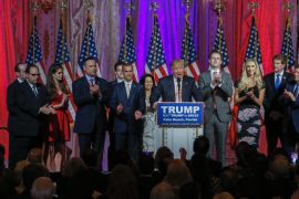 Republican 2016 US presidential candidate Donald Trump (C), surrounded by family and supporters, speaks at an election campaign event inside a ballroom of the Mar A Lago Club in Palm Beach, Florida, USA, 15 March 2016 after winning the Florida Republican Primary. Primaries were also being held in Illinois, Missouri, North Carolina and Ohio.