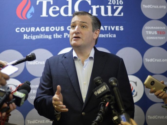 Republican presidential candidate Sen. Ted Cruz, R-Texas, speaks to members of the media before a campaign appearance Monday, Feb. 29, 2016, in San Antonio. (AP Photo/Darren Abate)