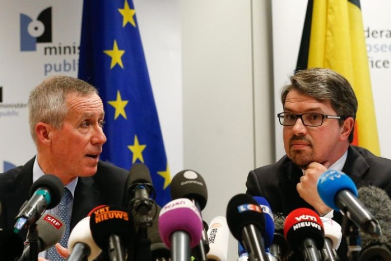 Paris Prosecutor Francois Molins (L) and Belgium Federal Prosecutor Frederic Van Leeuw (R) during a press conference at the headquarters of the Federal Prosecutor in Brussels, 21 March 2016. On 18 March 2016 suspects in the November 13th Paris terrorist attacks Salah Abdeslam and Amine Choukri were arrested during searches in Molenbeek. Last Tuesday the police was shot with heavy weapons during the searching of an apartment in Vorst - Forest, further investigation of the incident led to the arrest of the main fugitive Abdeslam.