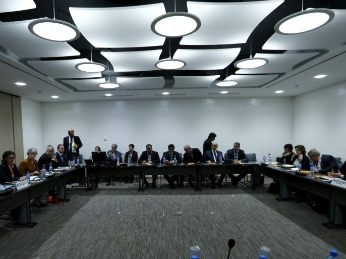 U.N. mediator for Syria Staffan de Mistura meets with a delegation of the High Negotiations Committee (HNC) during Syria peace talks at the United Nations in Geneva, Switzerland, March 15, 2016. REUTERS/Denis Balibouse