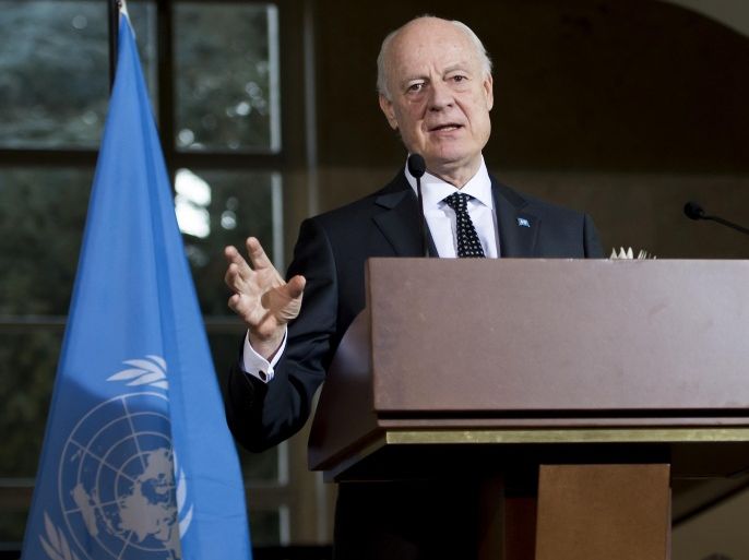 Staffan de Mistura, UN Special Envoy of the Secretary-General for Syria, speaks to the media during a press conference after a round of negotiations between the Syrian opposition and the UN, at the European headquarters of the United Nations, in Geneva, Switzerland, Tuesday, March 22, 2016. (Jean-Christophe Bott/Keystone via AP)