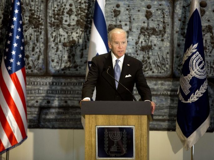 U.S. Vice President Joe Biden, left, speaks during a press conference with Israel's President Reuven Rivlin, at the President's residence in Jerusalem, Wednesday, March 9, 2016. (AP Photo/Sebastian Scheiner)