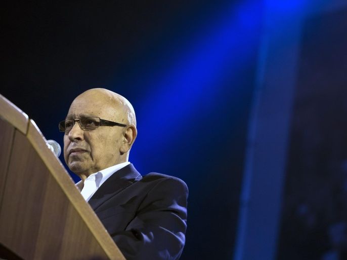 Former Israeli Mossad intelligence chief Meir Dagan speaking for a change in government at a huge rally called 'Israel Needs Change' in Rabin Square in Tel Aviv, 07 March 2015. Dagan called Prime Minister Benjamin Netanyahu's policies and actions 'destructive for the future and security of Israelâ