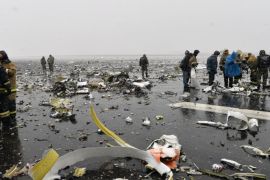 Firefighters search for the flight recorders among aircraft debris scattered on the runway after the crash of a Boeing 737-800 of FlyDubai, at Rostov-on-Don airport, Russia, 19 March 2016. The FlyDubai plane that crashed in Rostov-on-Don airport in southern Russia has left 62 people dead, according to the Russian Ministry of Emergency Situations. The plane, which completed its first commercial flight in December 2010, suffered the fatal crash during its second attempt to land amid poor visibility caused by heavy fog, incessant rain and strong winds, conditions described by experts as stormy.