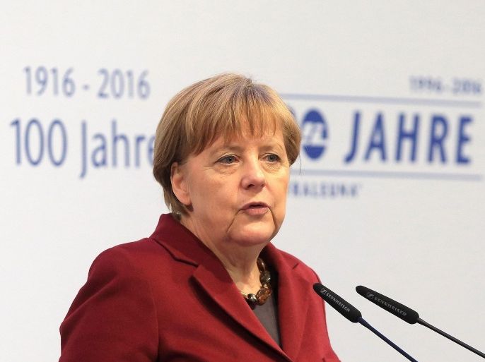 German Chancellor Angela Merkel delivers a speech during the opening ceremony for '100 Years of the Leuna Chemical Site' in the Kulturhaus in Leuna, Germany, 03 March 2016. Development of the chemical site in Leuna began in 1916. Following destruction from the war and reconstruction, Walter Ulbricht offered the publicly owned company Leuna-Werke around 33,000 jobs as the largest chemical combine in the GDR. After 1990 the company was sold in escrow in individual parts. Since 1990, international companies including ARKEMA, BASF, DOMO, Innospec, Linde, Taminco, TOTAL and numerous medium-sized companies have made investments in the chemical site Leuna worth more than 6 billion euros.
