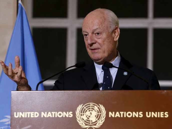 U.N. mediator for Syria Staffan de Mistura attends a news conference after a meeting with a delegation of the High Negotiations Committee (HNC) during Syria peace talks at the United Nations in Geneva, Switzerland, March 15, 2016. REUTERS/Denis Balibouse
