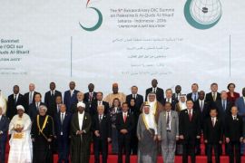 Leaders and Foreign Ministers pose for group a photo session at the 5th Extraordinary Organisation of Islamic Cooperation (OIC) Summit in Jakarta, Indonesia, 07 March 2016. Indonesian President Joko Widodo urged Israel to end the occupation of Palestinian territories, saying international patience 'has long run out,' at the opening of the OIC summit. The summit, organized at the request of the Palestinian Authority, planned to discuss the deteriorating situation in Palestinian territories and reaffirm the grouping's support for Palestinian independence. Delegates from 49 of the 57 OIC member countries attended. A handful sent heads of state, while most were represented by foreign ministers or other officials.