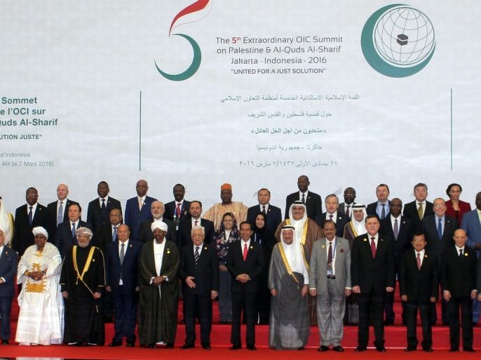 Leaders and Foreign Ministers pose for group a photo session at the 5th Extraordinary Organisation of Islamic Cooperation (OIC) Summit in Jakarta, Indonesia, 07 March 2016. Indonesian President Joko Widodo urged Israel to end the occupation of Palestinian territories, saying international patience 'has long run out,' at the opening of the OIC summit. The summit, organized at the request of the Palestinian Authority, planned to discuss the deteriorating situation in Palestinian territories and reaffirm the grouping's support for Palestinian independence. Delegates from 49 of the 57 OIC member countries attended. A handful sent heads of state, while most were represented by foreign ministers or other officials.