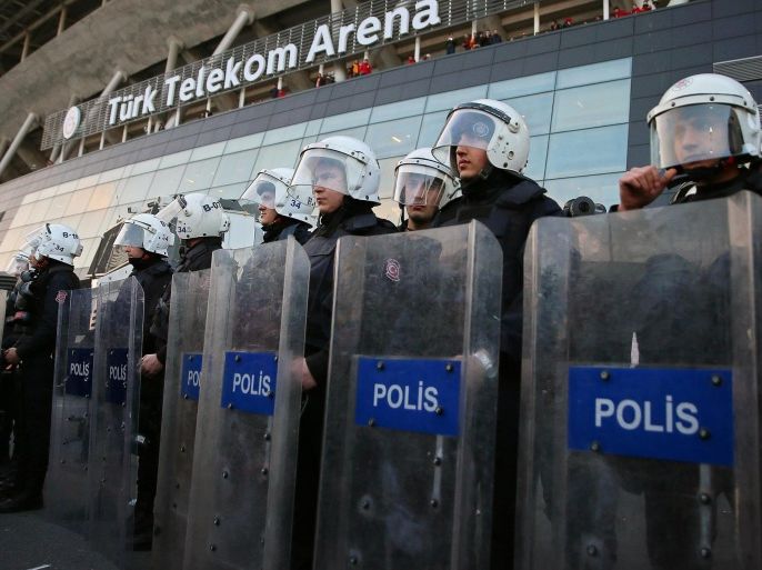 Turkish riot police secure the area around the Turk Telekom Arena after the Istanbul soccer derby between Galatasaray and Fenerbahce was cancelled due to security concerns in Istanbul, Turkey, 20 March 2016. According to media reports, at least four people where killed and 36 were injured in the suicide bomb explosion in Istiklal Street, a main high street in the centre of Istanbul on 19 March 2016.