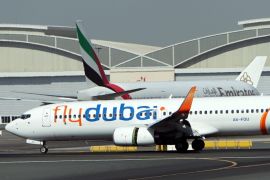 A picture dated on 17 November 2011 shows an aircraft (Front) owned by Fly Dubai Airlines landing at Dubai International Airport during the Dubai Air Show in Gulf emirate of Dubai, United Arab Emirates. Fly Dubai Flight FZ981, from Dubai to Rostov-on-Don, crashed during its landing approach, at Rostov-on-Don Airport, Russia, on 19 March 2016. The Boeing-737 was carrying 55 passengers, four of whom were children, and 6 crew members, all of whom who died when the plane crashed some 50 to 100 meters left of the runway, according to airport authorities.
