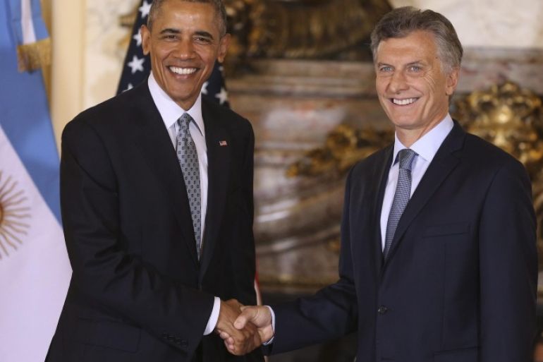 President of Argentina Mauricio Macri (R) welcomes US President Barack Obama at the Casa Rosada in Buenos Aires, Argentina, 23 March 2016. Obama is visiting Argentina following a historic visit to Cuba.