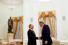 Secretary of State John Kerry shakes hands with Russian President Vladimir Putin before their meeting at the Kremlin in Moscow, Russia, Thursday, March 24, 2016. Kerry is in Russia for talks on Ukraine and Syria as the terrorist attacks in Brussels underscored the urgency of fighting the Islamic State group. Also pictured is Russian Foreign Minister Sergey Lavrov, right. (AP Photo/Andrew Harnik, Pool)
