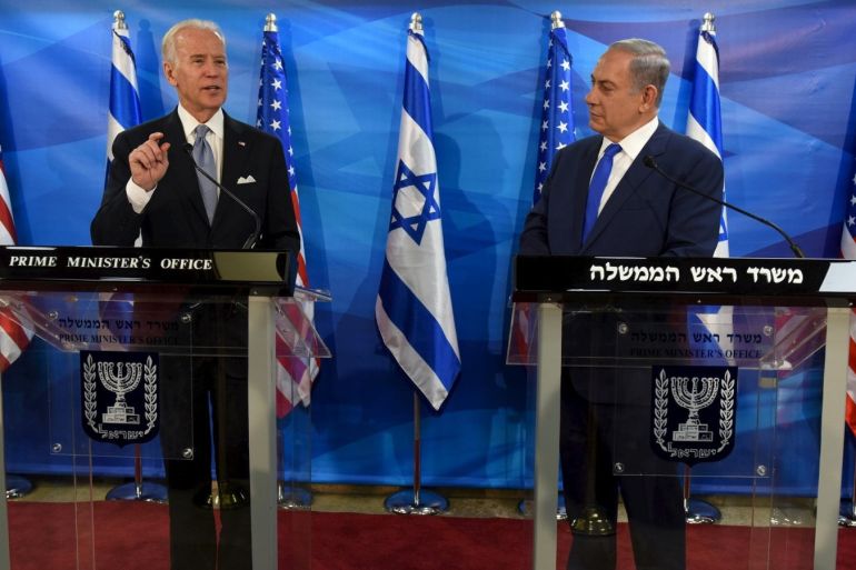 U.S. Vice President Joe Biden (L) speaks as he delivers a joint statement with Israeli Prime Minister Benjamin Netanyahu during their meeting in Jerusalem March 9, 2016. REUTERS/Debbie Hill/Pool