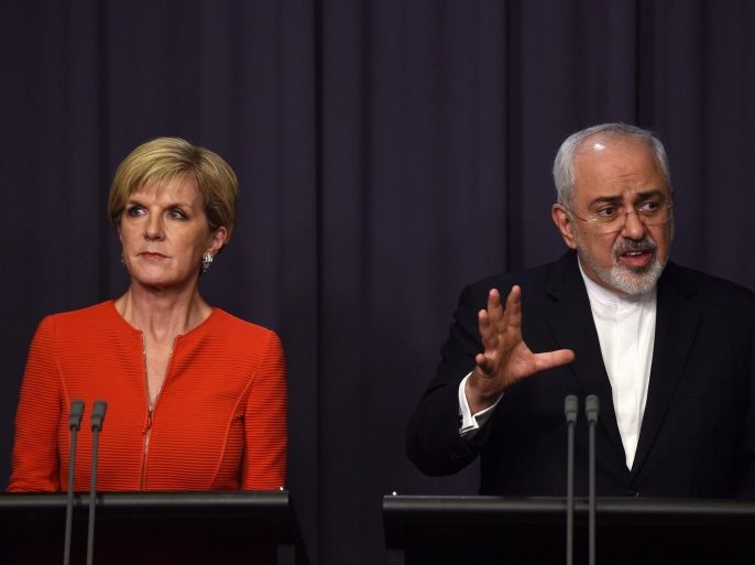 Australian Foreign Minister Julie Bishop (L) and Iranian Foreign Minister Mohammad Javad Zarif speak during a press conference at Parliament House in Canberra, Australia, 15 March 2016. Iranian Foreign Minister Mohammad Javad Zarif's visit to Australia is part of a six-nation Asia-Pacific tour. EPA/LUKAS COCH AUSTRALIA AND NEW ZEALAND OUT