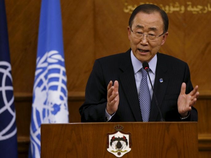 United Nations (U.N.) Secretary-General Ban Ki-moon speaks during a news conference at the Foreign Ministry in Amman March 27, 2016. REUTERS/Muhammad Hamed