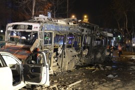Damaged vehicles are seen at the scene of an explosion in Ankara, Turkey, Sunday, March 13, 2016. The explosion is believed to have been caused by a car bomb that went off close to bus stops. News reports say the large explosion in the capital has caused several casualties. (Selahattin Sonmez/Hurriyet Daily via AP) TURKEY OUT