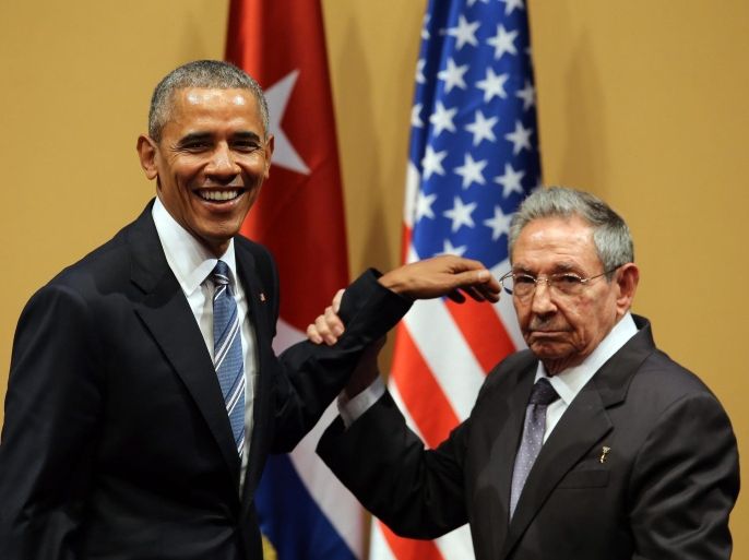 US President Barack Obama (L) and his Cuban counterpart Raul Castro (R) at the end of a joint press conference at the Revolution Palace in Havana, Cuba, 21 March 2016. US President Barack Obama is on an official visit to Cuba from 20 to 22 March 2016; the first US president to visit Cuba since Calvin Coolidge 88 years ago.