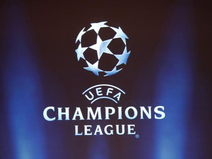 The logo of UEFA Champions League is seen on an electronic board , during the UEFA Champions League draw ceremony at the Grimaldi Forum, in Monaco, Thursday, Aug. 28, 2014. (AP Photo/Claude Paris)