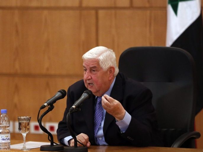 Syrian Foreign Minister Walid Muallem speaks during hi spress conference in Damascus, Syria, 12 March 2016. According to media reports, Walid Muallem stressed that the Syrian delegation will take part in the Geneva conference indirect peace talks with the oposition, but stressed that the delegation will wait for no more than 24 hours.