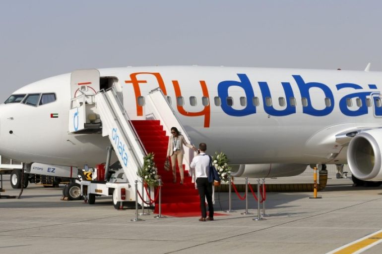 A Flydubai plane is pictured at the Dubai Airshow November 8, 2015. The biennial event will be held November 8-12. REUTERS/Ahmed Jadallah