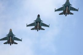 In this photo provided by the Russian Defense Ministry Press Service, Russian Su-34 bombers arrive from Syria at an airbase near the Russian city Voronezh, Tuesday, March 15, 2016. Russian warplanes and troops stationed at Russia's air base in Syria started leaving for home on Tuesday after a partial pullout order from President Vladimir Putin the previous day, a step that raises hopes for progress at the newly reconvened U.N.-brokered peace talks in Geneva. (Olga Balashova/Russian Defense Ministry Press Service via AP)