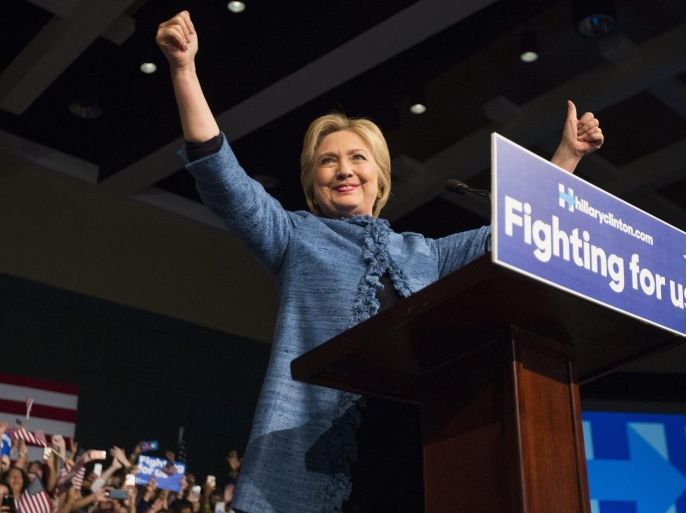 Democratic presidential candidate Hillary Clinton holds a rally after winning the Florida primary, at the Palm Beach County Convention Center in West Palm Beach, Florida, USA, 15 March 2016. Clinton also won in North Carolina, Ohio, and Missouri.
