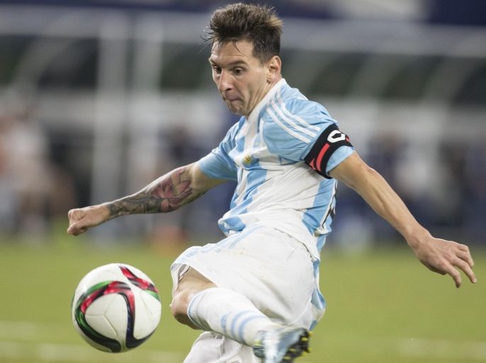 Sep 8, 2015; Arlington, TX, USA; Argentina forward Lionel Messi (10) scores a goal in the second half against Mexico at AT&T Stadium. Argentina played Mexico to a 2-2 tie. Mandatory Credit: Tim Heitman-USA TODAY Sports