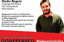 FILE - This file image posted online after the Jan. 25, 2016 disappearance of Italian graduate student Giulio Regeni in Cairo, Egypt shows Reggeni in a graphic used in an online campaign, #whereisgiulio seeking information on his whereabouts. Egypt has denied the police had anything to do with the brutal killing of an Italian student whose body was found on the outskirts of Cairo bearing signs of torture. (#wheresgiulio via AP)