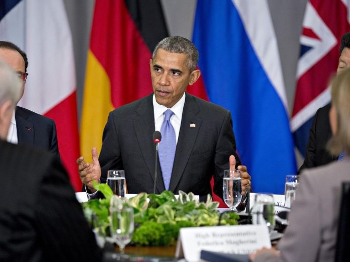 US President Barack Obama (C) speaks as China's President Xi Jinping (R) and French President Francois Hollande (L) listen during a P5+1 multilateral meeting at the Nuclear Security Summit in Washington, DC, USA, 01 April 2016. Obama welcomes more than 50 world leaders to the Nuclear Security Summit in Washington DC, which focuses on the quest to keep terrorist groups like the Islamic State (IS) from getting nuclear materials to build a bomb and on locking down on nuclear weapons worldwide.