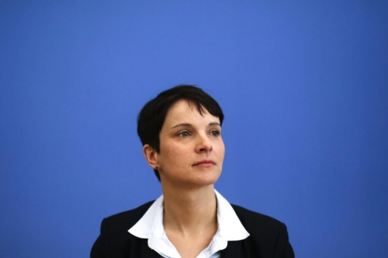 Frauke Petry, chairwoman of the AfD, Alternative for Germany party, attends a news conference in Berlin, Germany, Monday, March 14, 2016. On Sunday, March 13, 2016 state elections took place in German states of Saxony-Anhalt, Rhineland-Palatinate and Baden-Wuerttemberg. The nationalist, anti-migration Alternative for Germany party, or AfD, powered into three state legislatures Sunday after campaigning against Merkel's welcome for a huge influx of migrants last year. (AP Photo/Markus Schreiber)