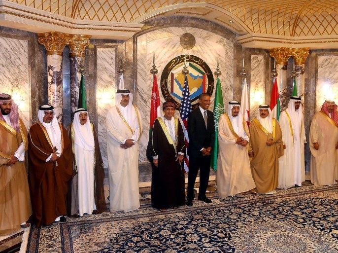 US President Barack Obama (6-L) and Saudi King Salman bin Abdulaziz Al Saud (7-L) pose for a group photo with other Gulf Cooperation Council (GCC) leaders, in Riyadh, Saudi Arabia, 21 April 2016. Appearing in the photo (from 3-L) Kuwaiti Emir Sabah Al-Ahmad Al-Jaber Al-Sabah, Emir of Qatar Sheikh Tamim bin Hamad al-Thani, Omani deputy prime minister Sayed Fahd bin Mahmud al-Said, Bahraini King Hamad bin Issa al-Khalifa, and Crown Prince of Abu Dhabi Sheikh Mohammed bin Zayed al-Nahyan. Obama is attending the GCC summit where leaders will address different ongoing conflicts in the Middle East and counterterrorism, while he will try to reassure Gulf countries regarding their neighbor Iran.