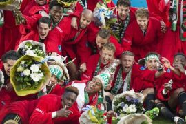Players of Feyenoord celebrate winning the Dutch soccer Cup against FC Utrecht in the centre of Rotterdam, The Netherlands on 24 April 2016.