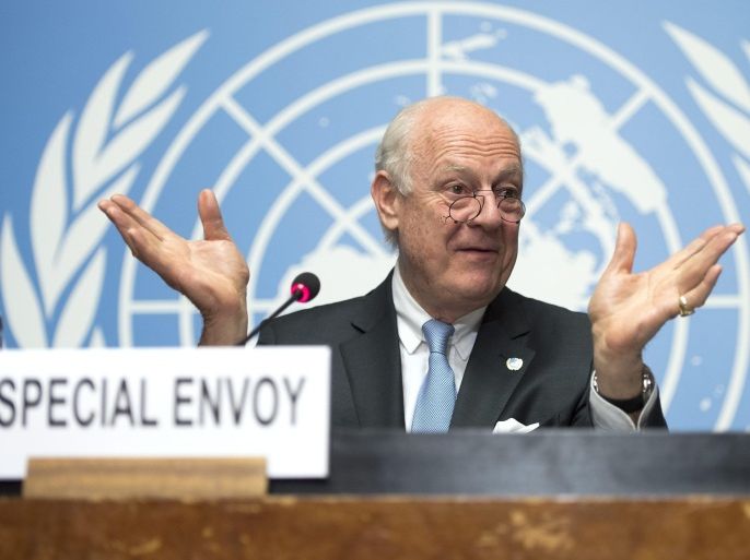 Staffan de Mistura, UN Special Envoy of the Secretary-General for Syria, speaks during a press conference after a round of negotiations about the Syrian Crisis, at the European headquarters of the United Nations in Geneva, Switzerland, 28 April 2016.